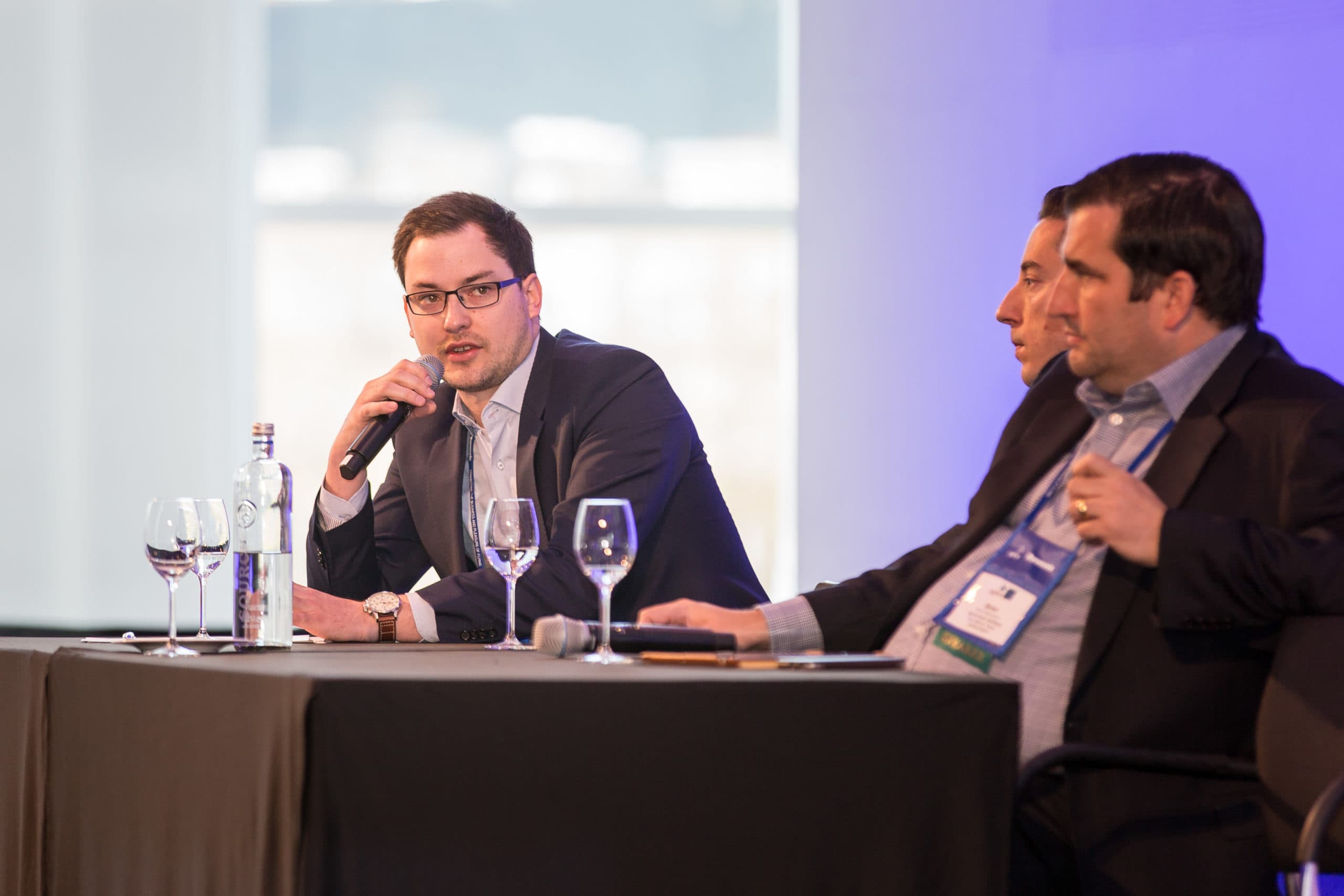 Seb Blumenthal, Air Berlin; Anton Vidgen, Air Canada; and Brian Richardson, American Airlines discuss streaming at APEX MultiMedia Market.
