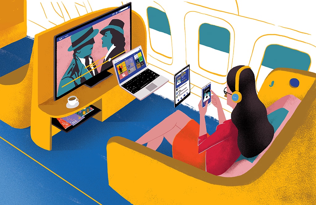 Second-screening in flight opens more than a few portals. Illustration: Jorge de la Paz