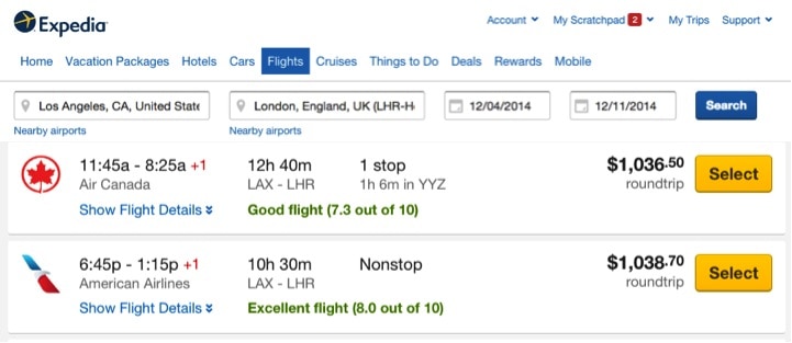 Expedia LAX to LHR listings with Routehappy Scores