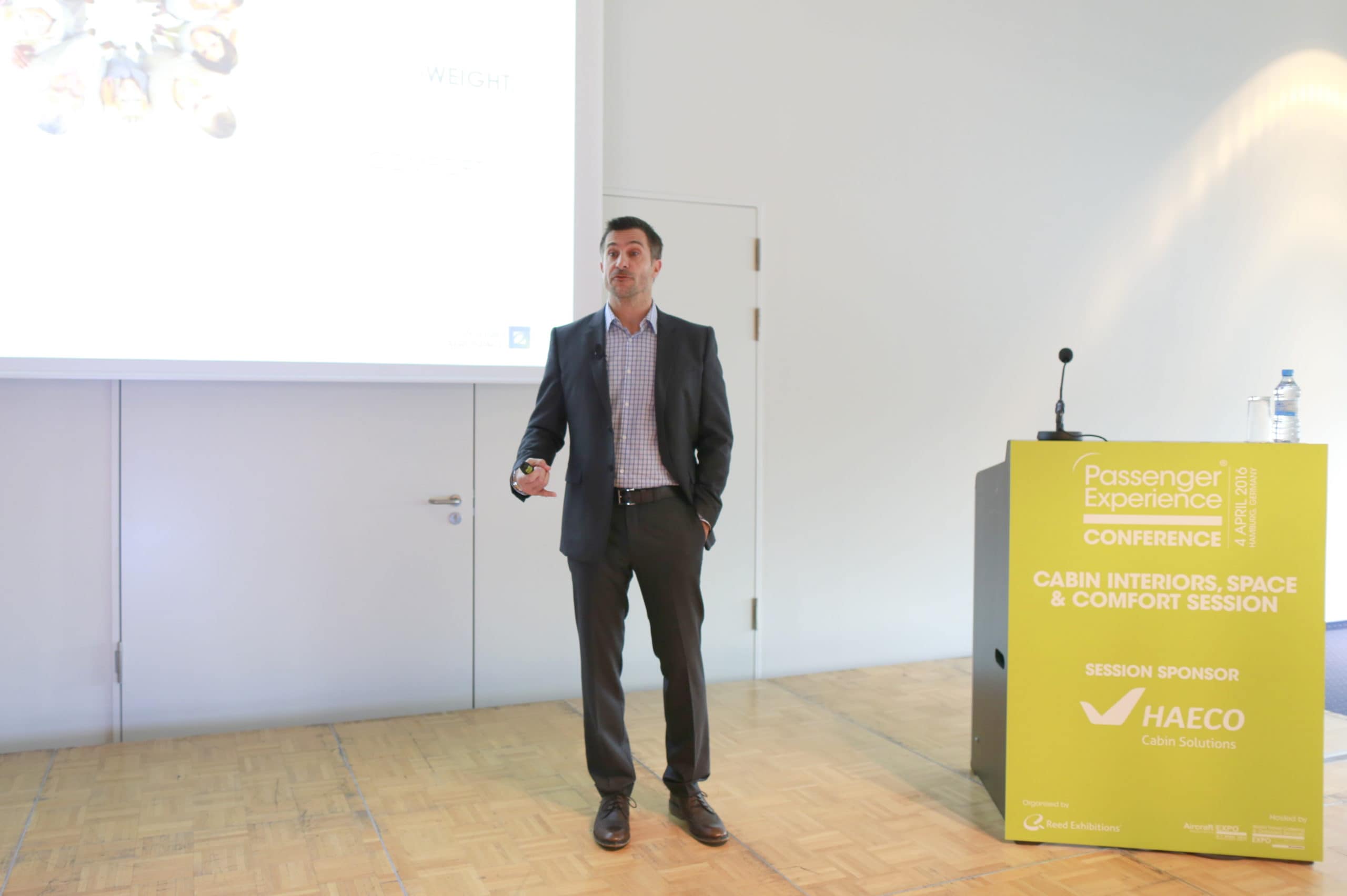 Zodiac Aerospace's Scott Savain presenting at the 2016 Passenger Experience Conference. Image credit: Maxim Sergienko.