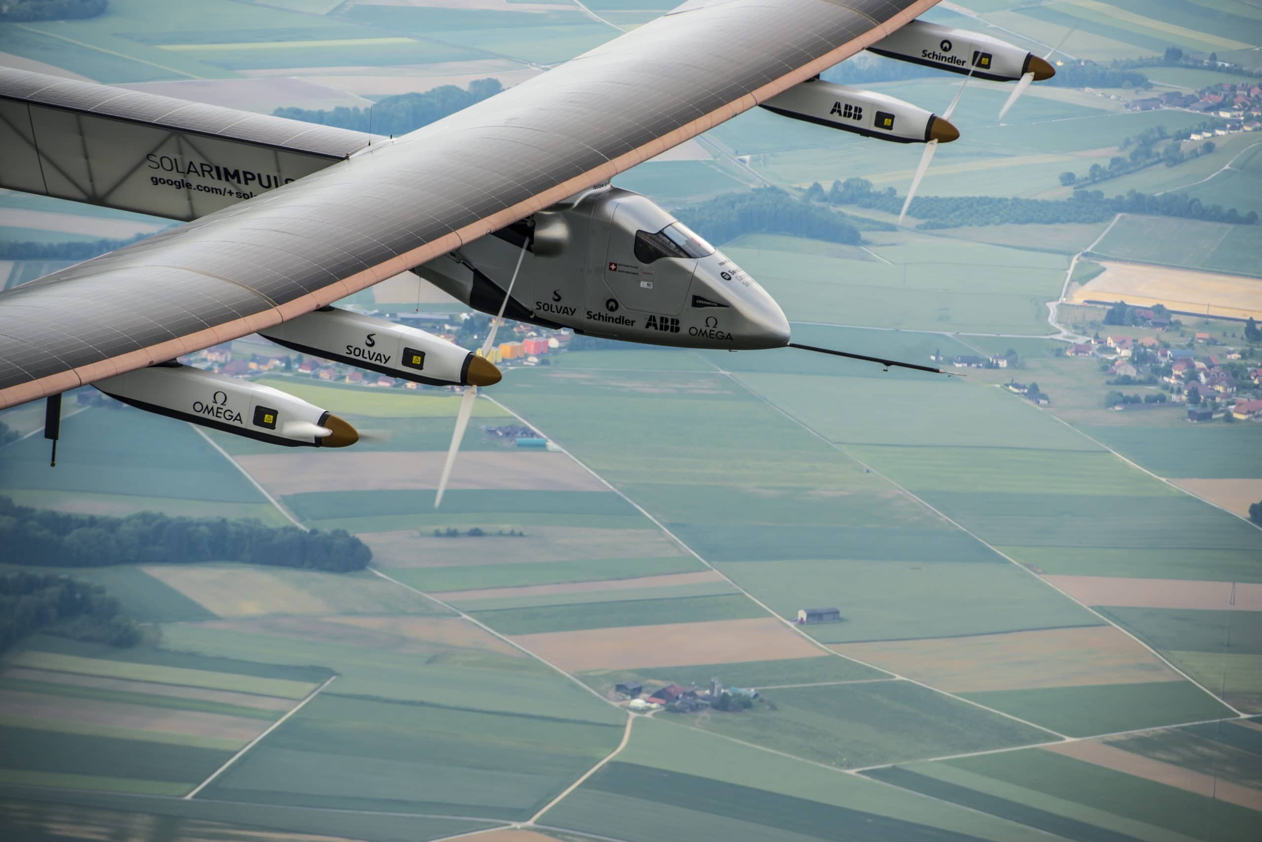 Solar Impulse 2 on a test flight over Payerne, Switzerland. Image via Solar Impulse