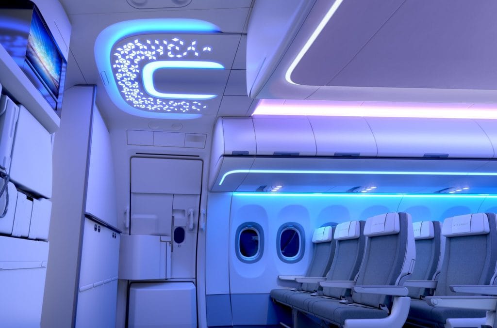 Welcome effect lighting in the A320 Airspace cabin. Image via Airbus