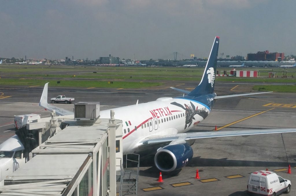 An Aeromexico 737 aircraft with a special Netflix livery