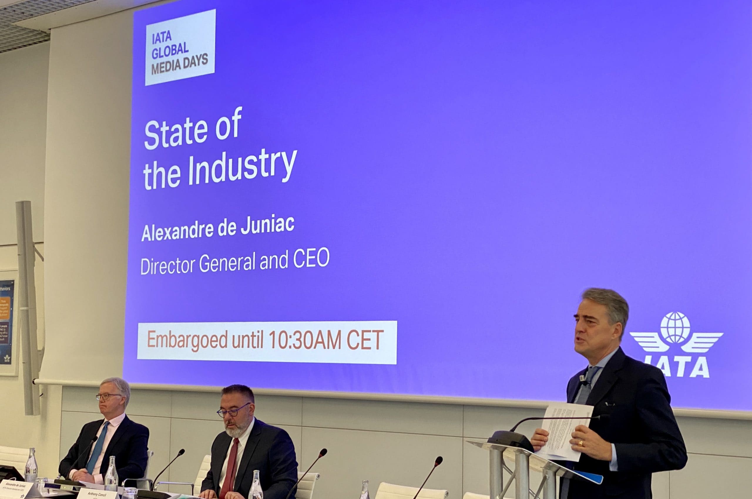Alexandre de Juniac, director general and CEO of IATA, speaks at the IATA Global Media Day in Geneva, Switzerland, Image: Joe Leader