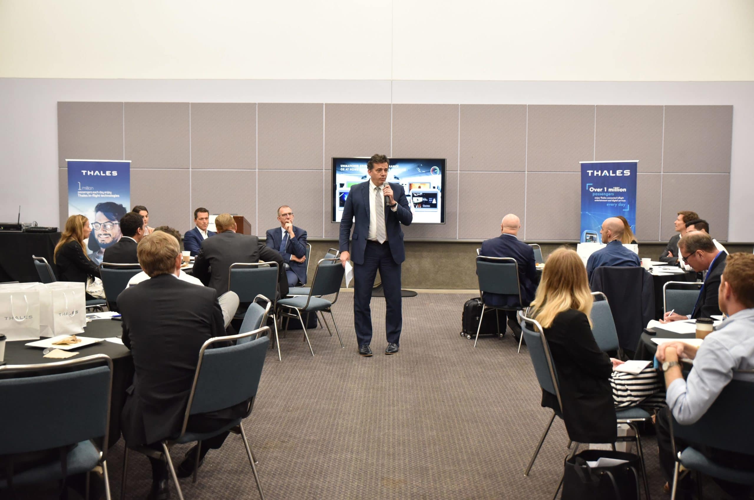 CEO of Airfree, Etienne de Verdelhan, speaking at the Thales media luncheon during APEX EXPO 2019