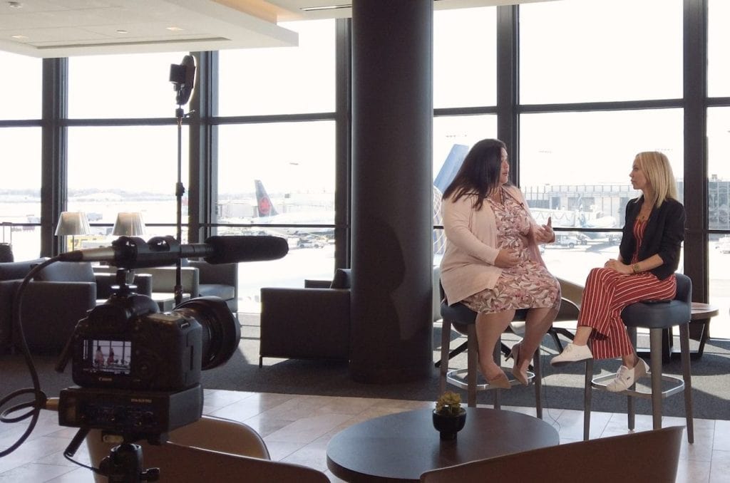 Pictured (left to right): Corinne Streichert, senior manager, IFE and Connectivity, Marketing for United Airlines; and Maryann Simson, director, APEX Media, in the Polaris lounge at LAX.