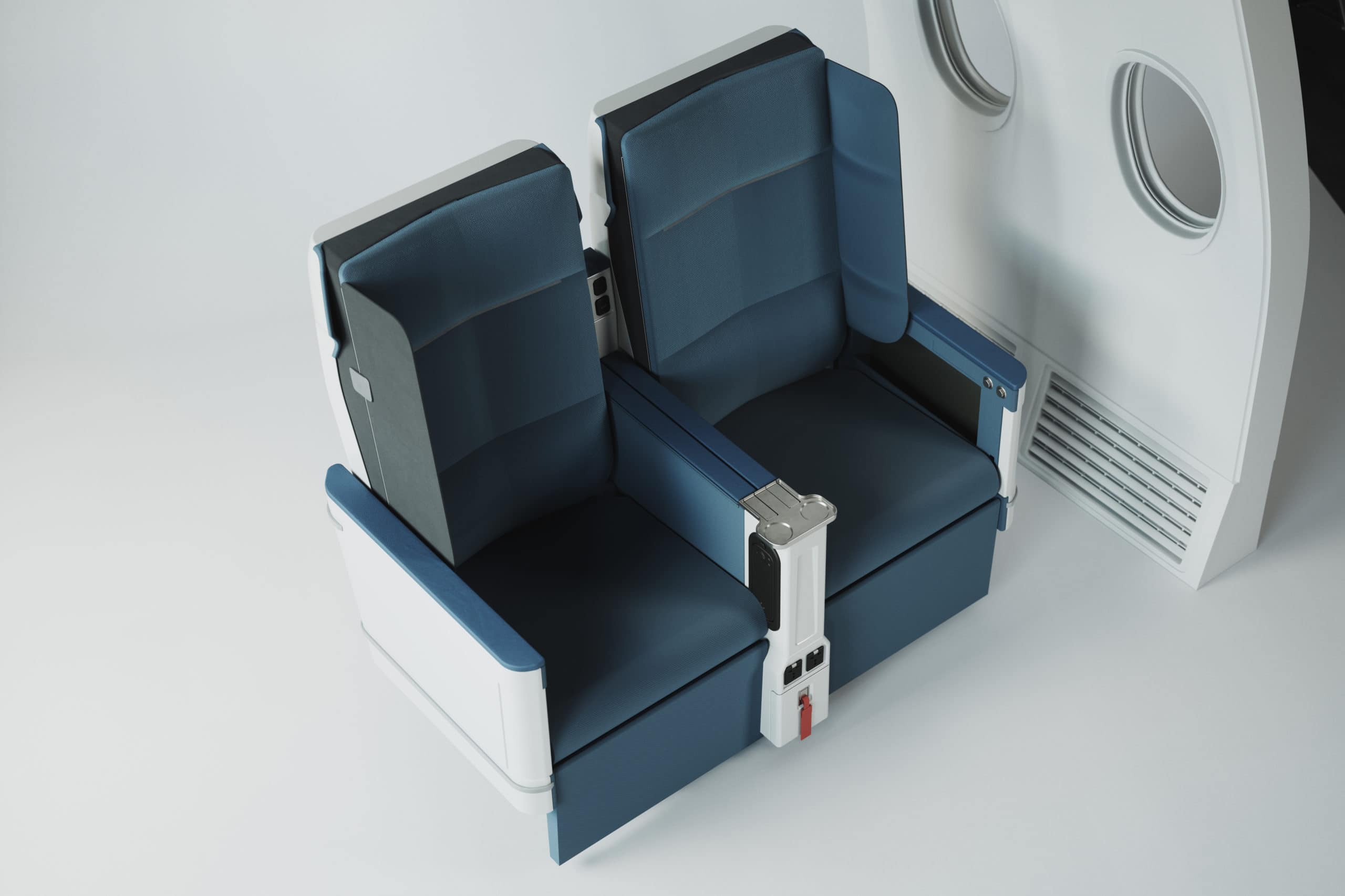 The outer wings of the Interspace seat design can be folded out to create a private bay for two people traveling together.