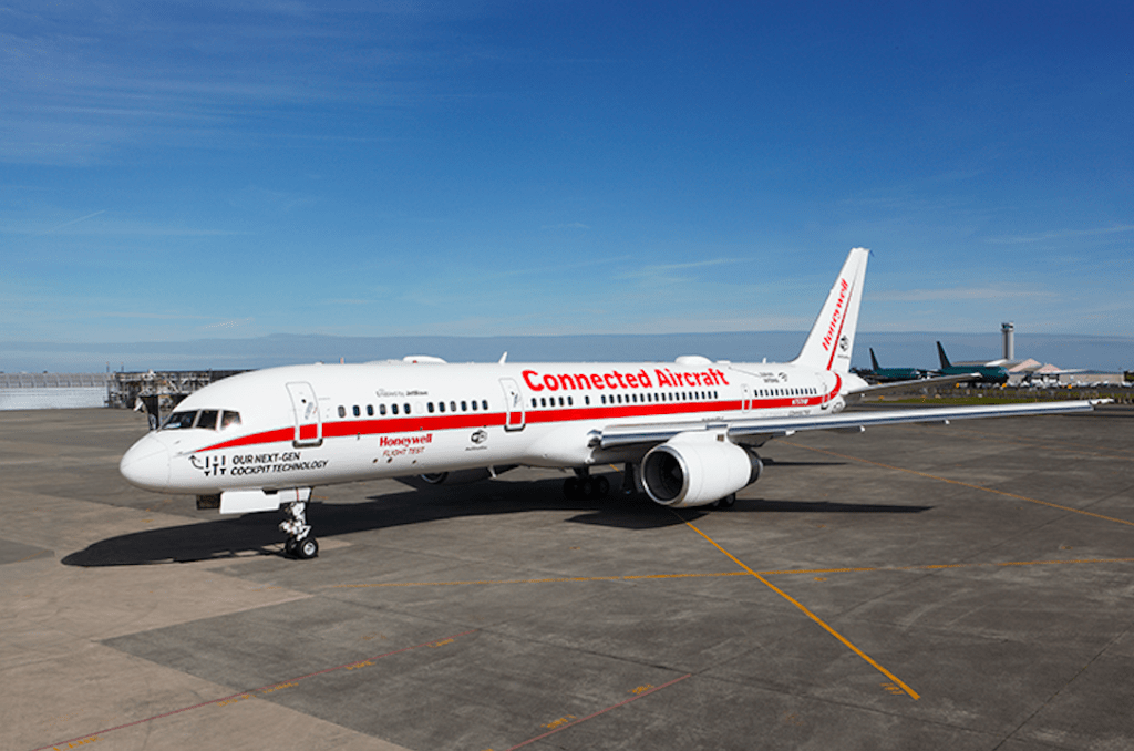 A Boeing 757 flying test aircraft equipped with Honeywell's JetWave hardware. Image via Honeywell Aerospace.